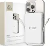 A white power bank is attached to the back of a silver smartphone, with a white box in the background showing a smaller image of the power bank and phone. Náhled obrázku produktu