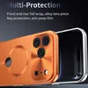 Close-up of the back of an orange smartphone case with a silver frame, showing the camera lenses and a circular design element. Náhled obrázku produktu