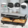 A close-up shot of a sandwich maker with two sandwiches inside, along with four circular insets highlighting features of the appliance. Podgląd zdjęcia produktu