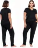 Schwarzer Damen-Pyjama mit Spitze, lange Hose, kurzärmliges Produktbild-Vorschau 1