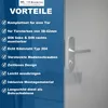 A close-up of a door handle on a door, with a blue panel on the left listing product advantages. Produktbild-Vorschau