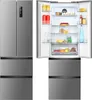 A split image showing a silver French door refrigerator from the front and an open view of its interior. Produktbild-Vorschau