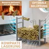 A metal firewood rack filled with logs, shown next to a fireplace with animated airflow graphics. Podgląd zdjęcia produktu