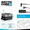 A product image showing a portable cooler box with dimensions and specifications, along with its accessories. Produktbild-Vorschau