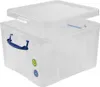 A transparent storage box with a blue handle and lid slightly ajar, shown against a white background. Voir les images du produit