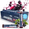A product shot of energy drink ampoules and a box, with blackcurrants and liquid splashes. Produktbild-Vorschau