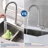 A split image comparing two kitchen faucets, one with a pull-out spray head and the other a fixed spout. Text highlights the flexibility of the pull-out faucet. Podgląd zdjęcia produktu