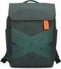 A front view of a dark green backpack with green criss-cross straps and an orange tag. Produktbild-Vorschau