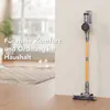 A cordless vacuum cleaner is mounted on a wall charger in a home setting, with text overlay promoting comfort and order. Produktbild-Vorschau