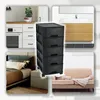 A collage of four different room settings with a black plastic drawer unit in the center. Produktbild-Vorschau
