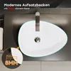 A modern oval countertop sink with a faucet, set on a dark countertop. A close-up inset highlights the thin rim of the sink. Anteprima dell’immagine prodotto