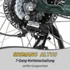 A close-up view of a bicycle's rear derailleur and cassette, with text overlay describing the product. Produktbild-Vorschau