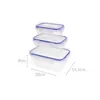 Three clear plastic food storage containers stacked on top of each other, with blue lids. Dimensions are indicated with lines and text. Náhled obrázku produktu