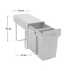 A pull-out trash bin system with two compartments, shown with dimensions indicated. Produktbild-Vorschau