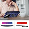A person's hands are holding a blue phone case with a ring stand on a table, with a white mug in the background. Below are two smaller images showing the phone case from different angles with text overlays. Produktbild-Vorschau