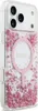 A close-up, angled view of a clear phone case with pink glitter and a pink oval shape with the word 'GUESS' inside. Náhled obrázku produktu