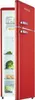 A red retro refrigerator with its door open, showing food items inside. Produktbild-Vorschau