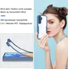 A woman is holding a blue and clear phone case in front of her face, with a diagram of the phone case assembly on the left. Produktbild-Vorschau