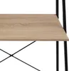 A close-up of a wooden shelf with black metal framing, part of a desk or shelving unit. Náhled obrázku produktu