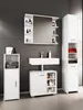 A modern bathroom vanity set with a sink, mirror, and storage cabinets. Produktbild-Vorschau