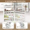 Two white, narrow shelving units with various items on shelves, shown with close-up views of the wheels at the bottom. Podgląd zdjęcia produktu