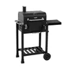 A black charcoal grill with a side shelf and wheels, shown against a white background. Produktbild-Vorschau
