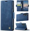 Collage of images showing a blue leather phone case from different angles, including its interior card slots and stand feature. Produktbild-Vorschau