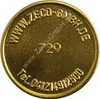 A close-up, circular image of a gold-colored token with embossed text and numbers. Produktbild-Vorschau