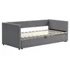 A grey upholstered daybed with a slatted base is shown from a side angle against a white background. Produktbild-Vorschau