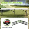 A white folding bench is set up outdoors near a tent and a body of water. There are also close-up images of the bench's locking mechanism and its folded state. Produktbild-Vorschau