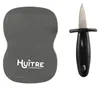 An oyster knife and a protective mat are shown against a white background. Produktbild-Vorschau