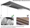 A manual awning is shown with a comparison of aluminum and rusted iron bars. Produktbild-Vorschau