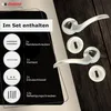 A set of door handles and accessories displayed on a dark wooden surface, with a black overlay showing product details. Produktbild-Vorschau