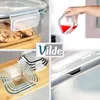 A collage of images showcasing glass food storage containers with lids, some filled with food or liquid, and a logo. Produktbild-Vorschau