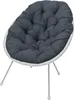 A dark gray cushion on a white round chair with silver legs, isolated on a white background. Produktbild-Vorschau