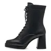 A black lace-up boot with a block heel is shown against a white background. Produktbild-Vorschau