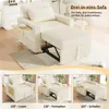 A collage showing a beige sofa bed in different configurations, with text overlays indicating its functions and angles. Produktbild-Vorschau