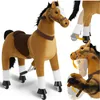 A toy horse on wheels, shown from the side, with inset images demonstrating its features. Náhled obrázku produktu