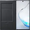A black flip case for a smartphone is shown open, revealing the smartphone screen. Produktbild-Vorschau