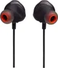 A pair of black in-ear headphones with orange accents on a white background. Produktbild-Vorschau