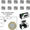 A collage of product images showing button cell batteries, a ruler for scale, a coin for scale, and packaging for the batteries. Podgląd zdjęcia produktu