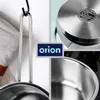 A collage of close-up shots of a stainless steel pot, showing its handle, base, and interior. Produktbild-Vorschau