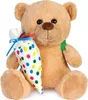 A plush teddy bear holding a cone-shaped school bag filled with colorful polka dots. Produktbild-Vorschau