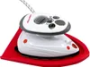 A white and gray Veritas mini steam iron sits on a red ironing board. Produktbild-Vorschau