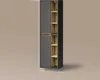 A tall, narrow cabinet with two gray doors and open shelving with a wood-like finish. Produktbild-Vorschau