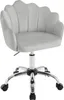 A light gray velvet office chair with a shell-shaped backrest and a chrome base with wheels, shown from a front-side angle against a white background.