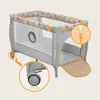 A travel crib with features highlighted by callout circles. Produktbild-Vorschau