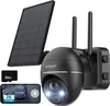 A black ieGeek outdoor security camera with a solar panel and two antennas, shown with a 64GB SD card and a smartphone displaying a live feed. Produktbild-Vorschau