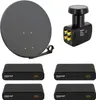 A collection of satellite TV equipment, including a satellite dish, LNB, and multiple receivers, displayed against a white background. Produktbild-Vorschau