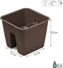 A brown square planter with a woven texture, shown from a slightly elevated angle. Dimensions and capacity are indicated with text and graphics. Produktbild-Vorschau